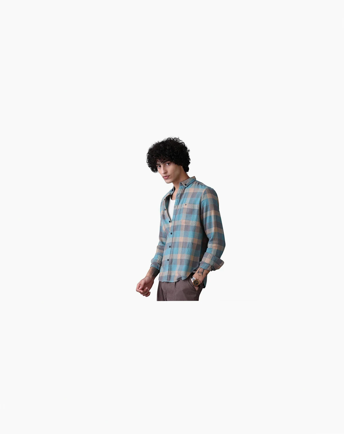 Men's Sky Blue & Ecru Beige Block-Buffalo Regular Shirt
