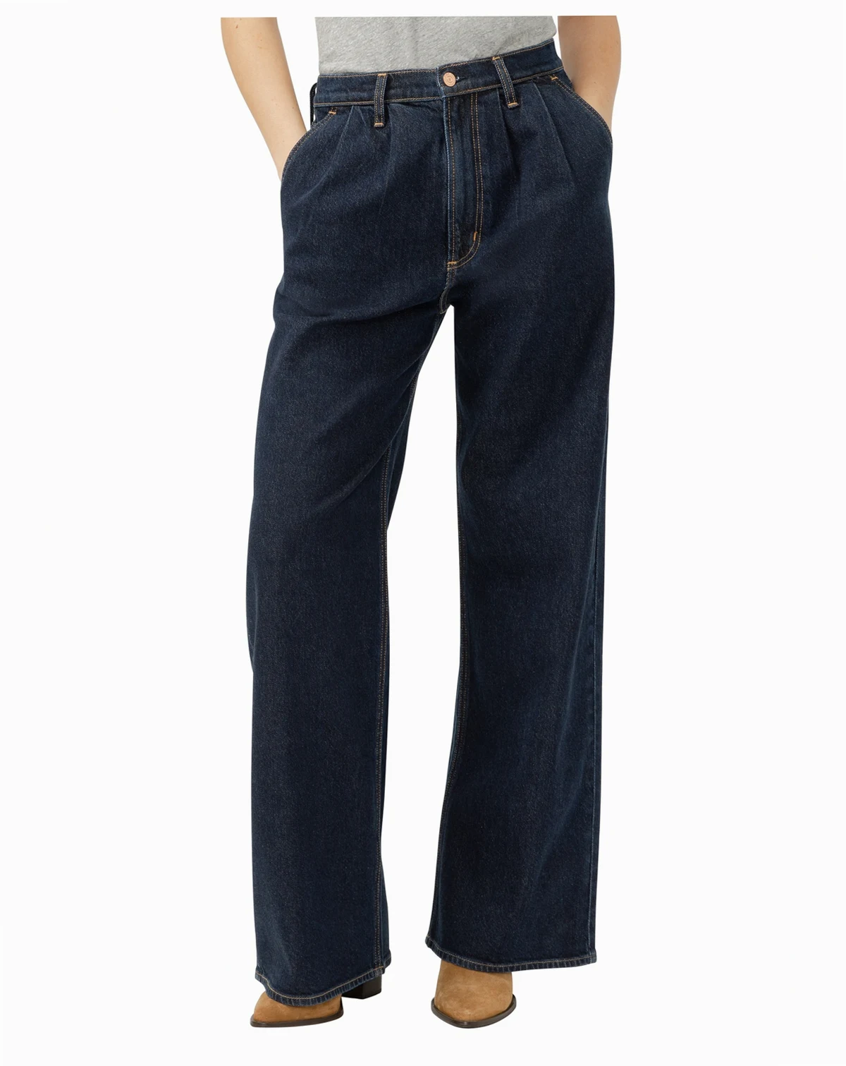 Women's High Rise Pleated Denim Trouser Leg Jeans