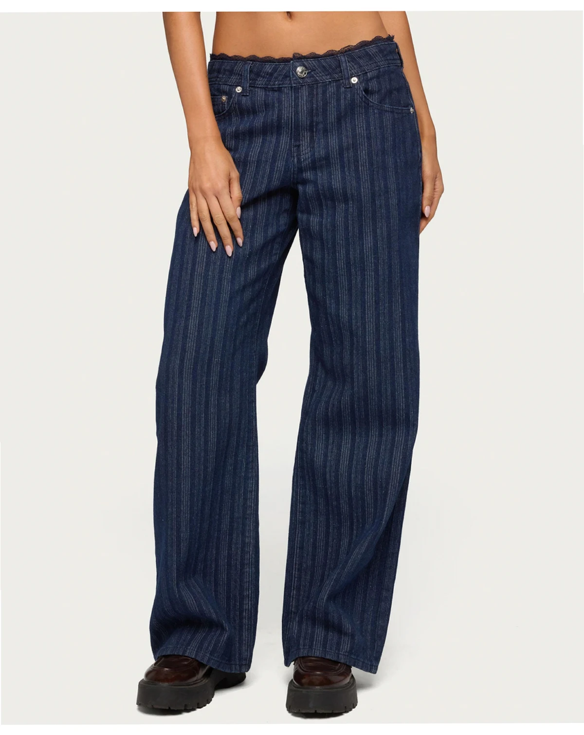 Women's Lace Trim Striped Low Rise Baggy Jeans