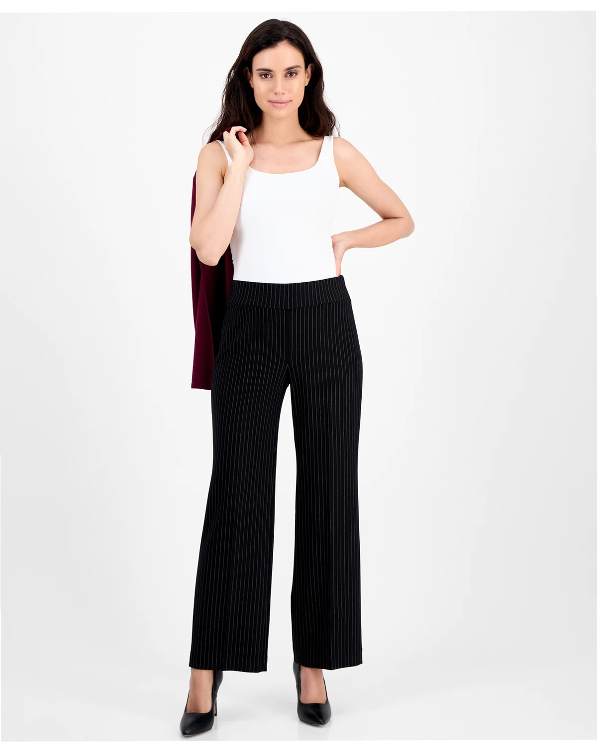 Petite Ponte Pinstripe Mid-Rise Pull-On Pants