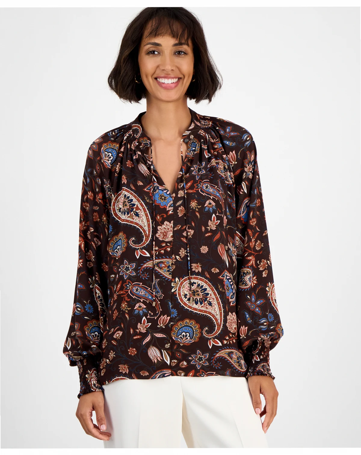 Women's Printed Split-Neck Long-Sleeve Blouse
