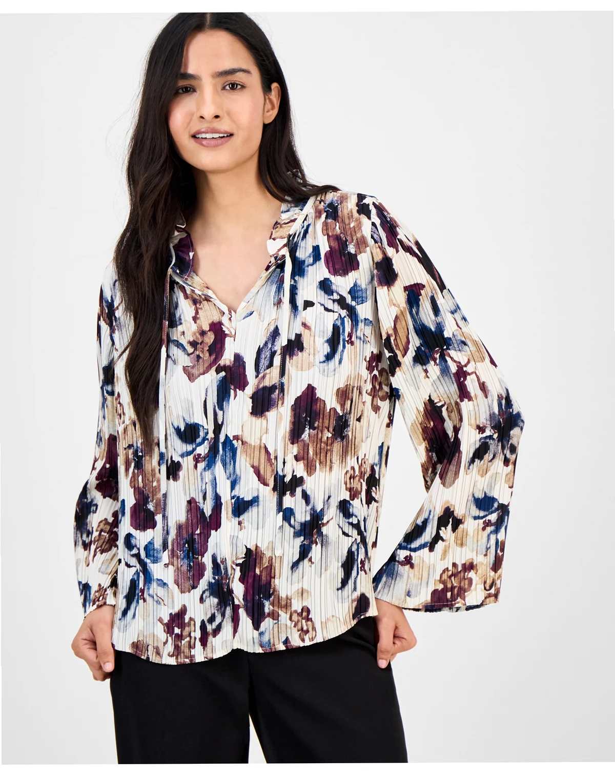 Women's Printed Pleated Split-Neck Blouse