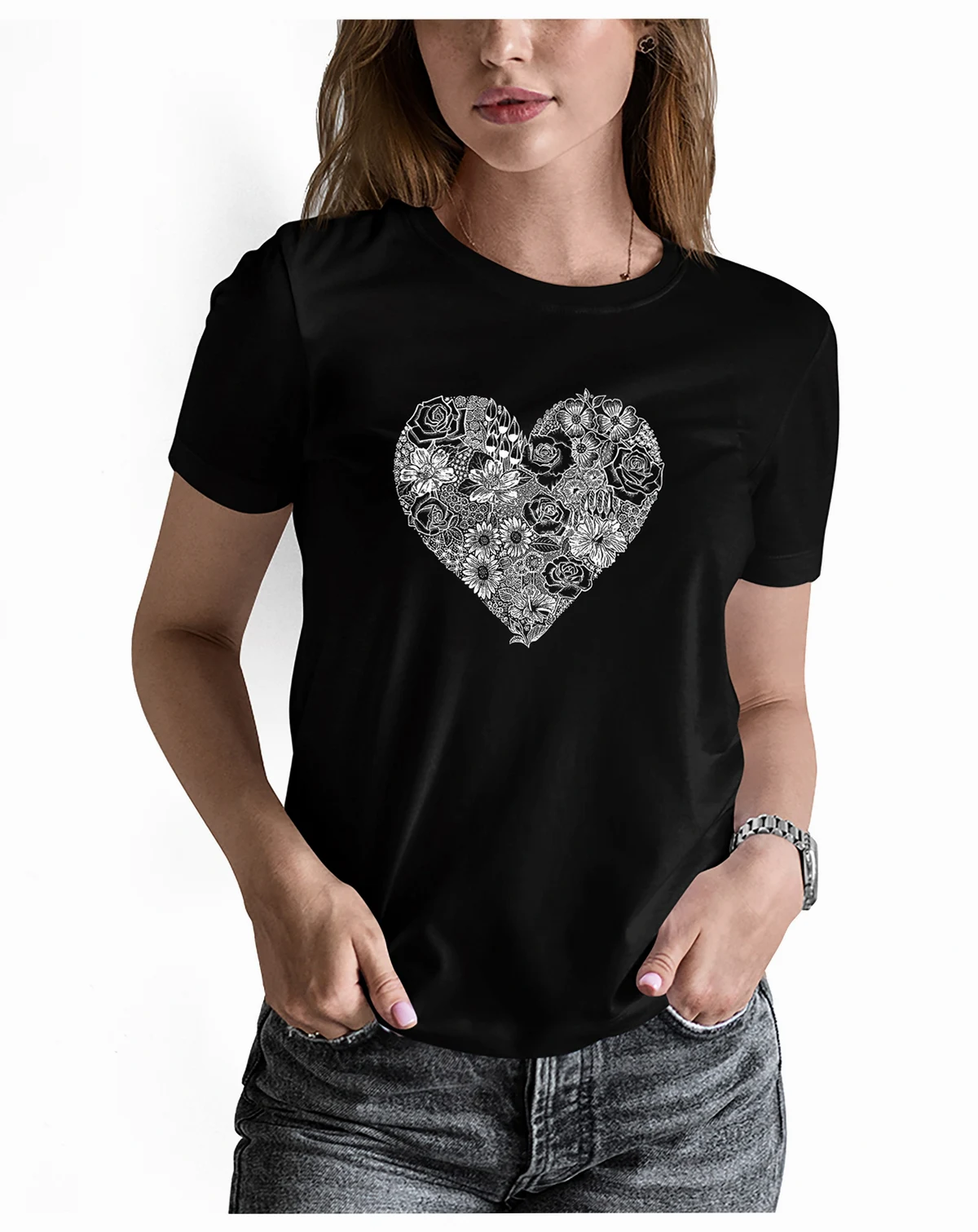 Women's Word Art Heart Flowers Short Sleeve T-shirt