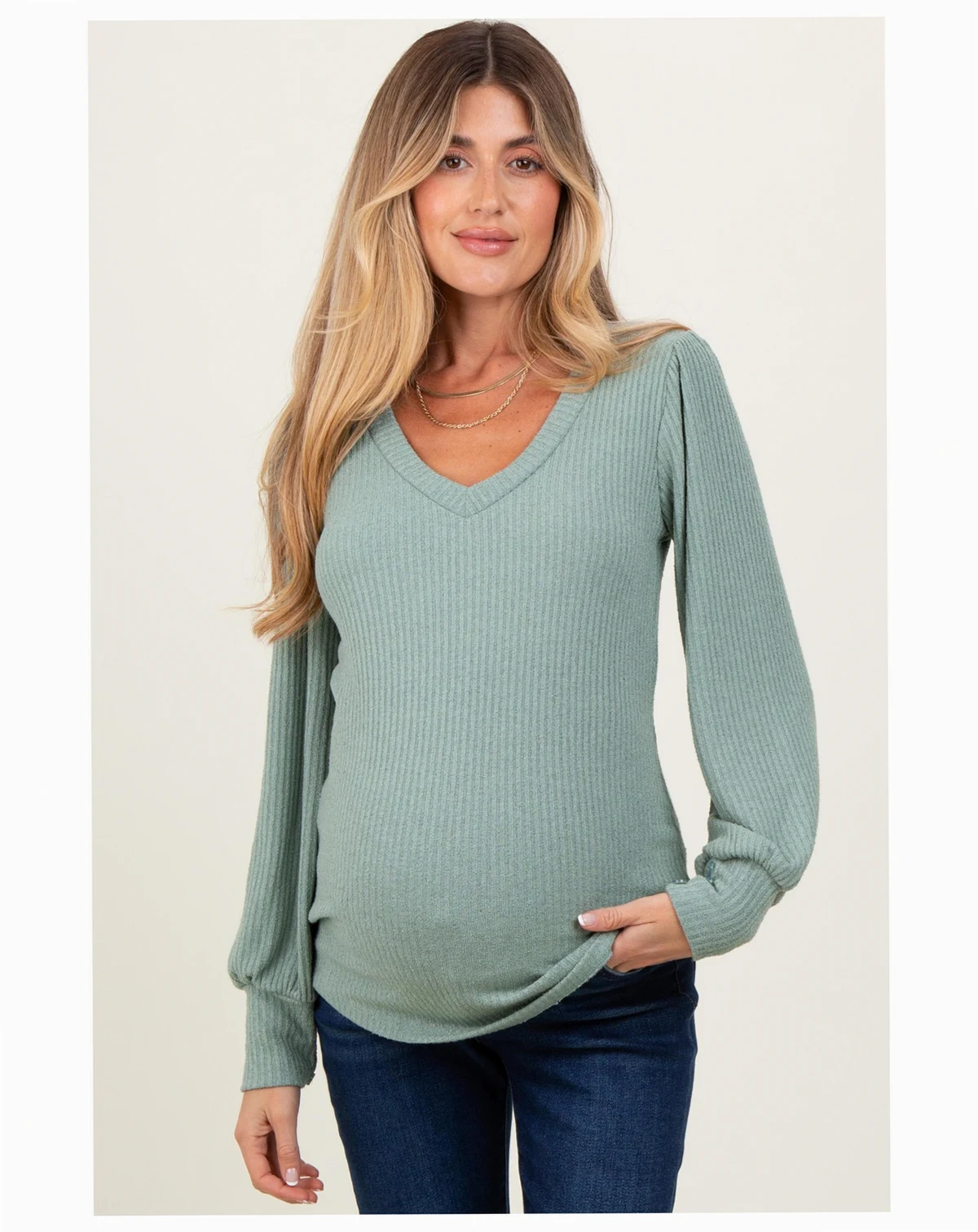 Maternity Light Olive Ribbed Knit V-Neck Button Cuff Top