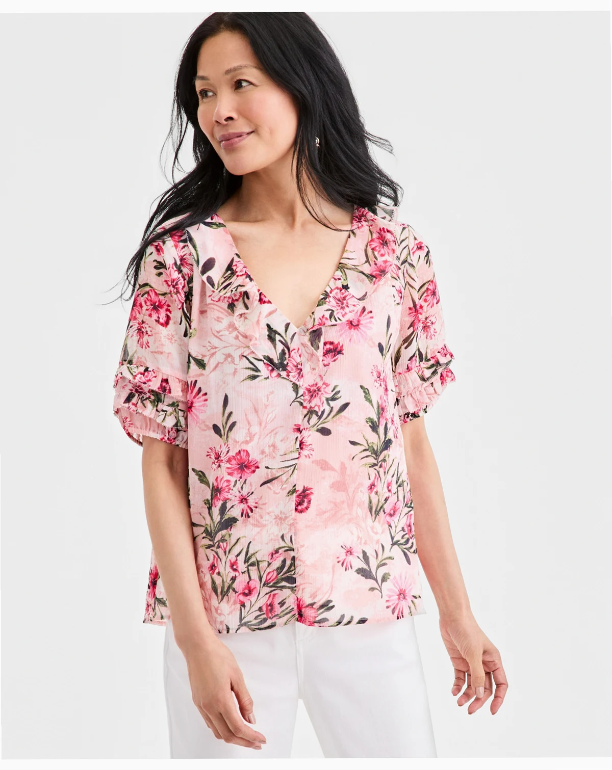 Women's Printed Ruffled V-Neck Puff-Sleeve Top, Macy's Exclusive