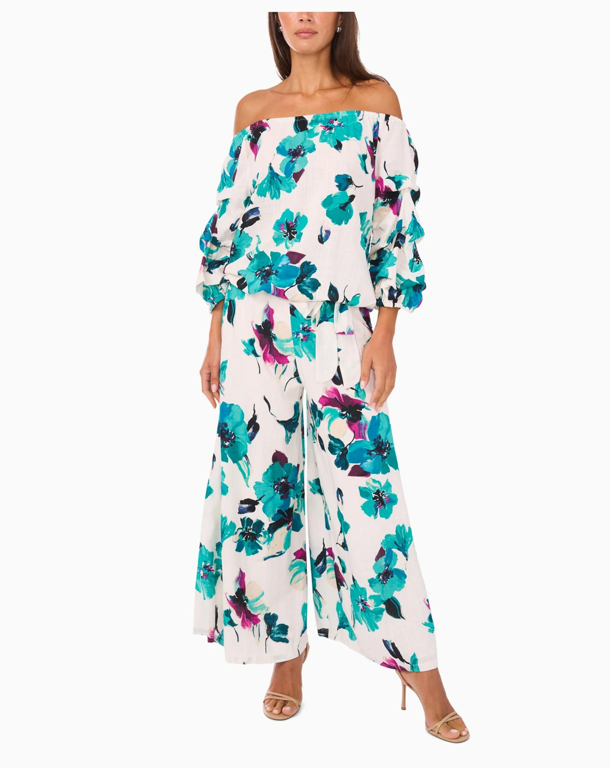 Women's Floral Off-The-Shoulder Bubble 3/4-Sleeve Tie-Front Blouse