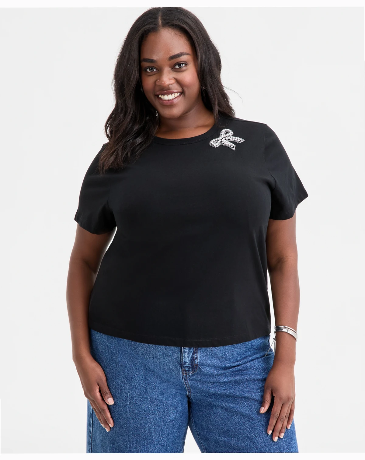 Trendy Plus Size Embellished Bow Cotton T-Shirt, Macy's Exclusive