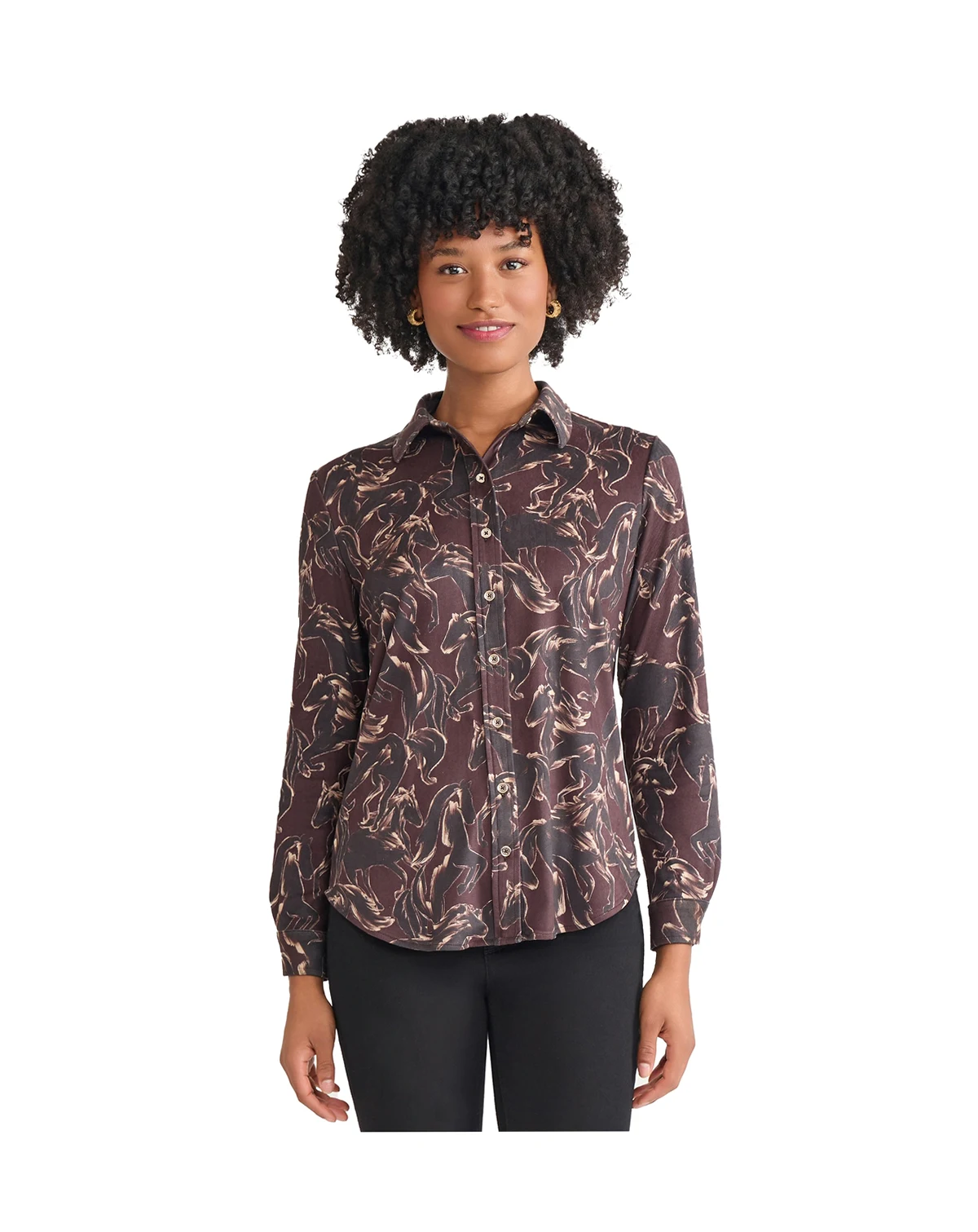 Women's Printed Long Sleeve Button Front Top
