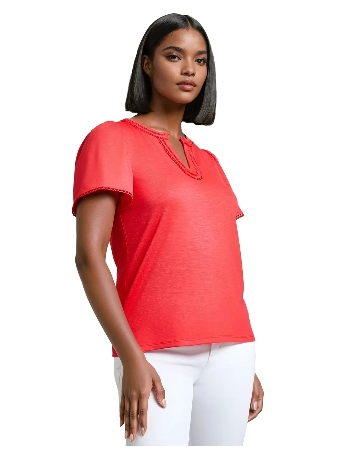 Women's Drapey Split-Neck Short-Sleeve Top