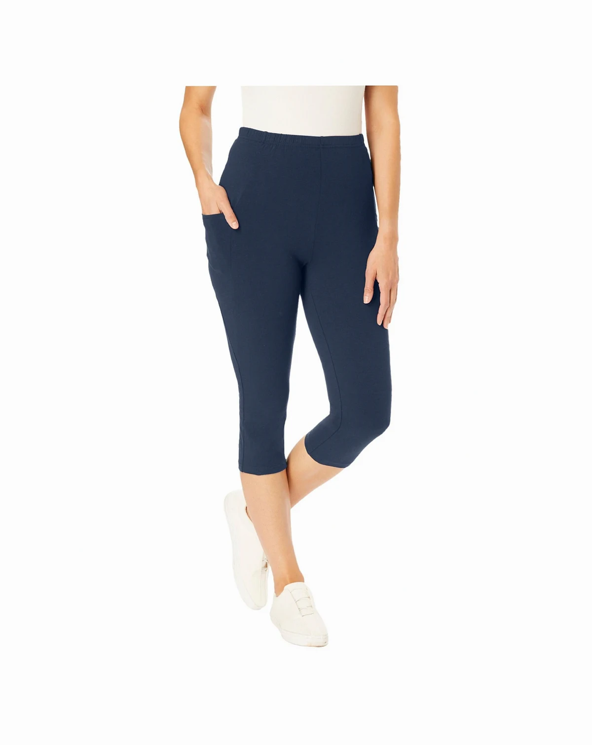 Women's Plus Size Stretch-Cotton Knit Pull-On Pocket Capri Leggings
