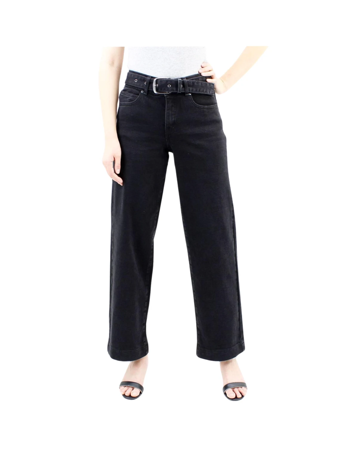 Women's Two Botton Tummy Control Wide Leg Black Jeans with Belt