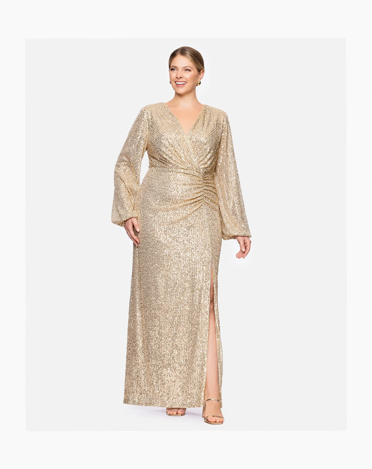 Plus Size Sequin V-Neck Long Bell Sleeve Gown