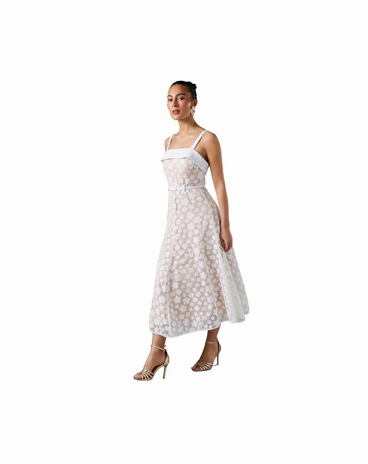 Women's Mesh Sequin Belted Midi Dress