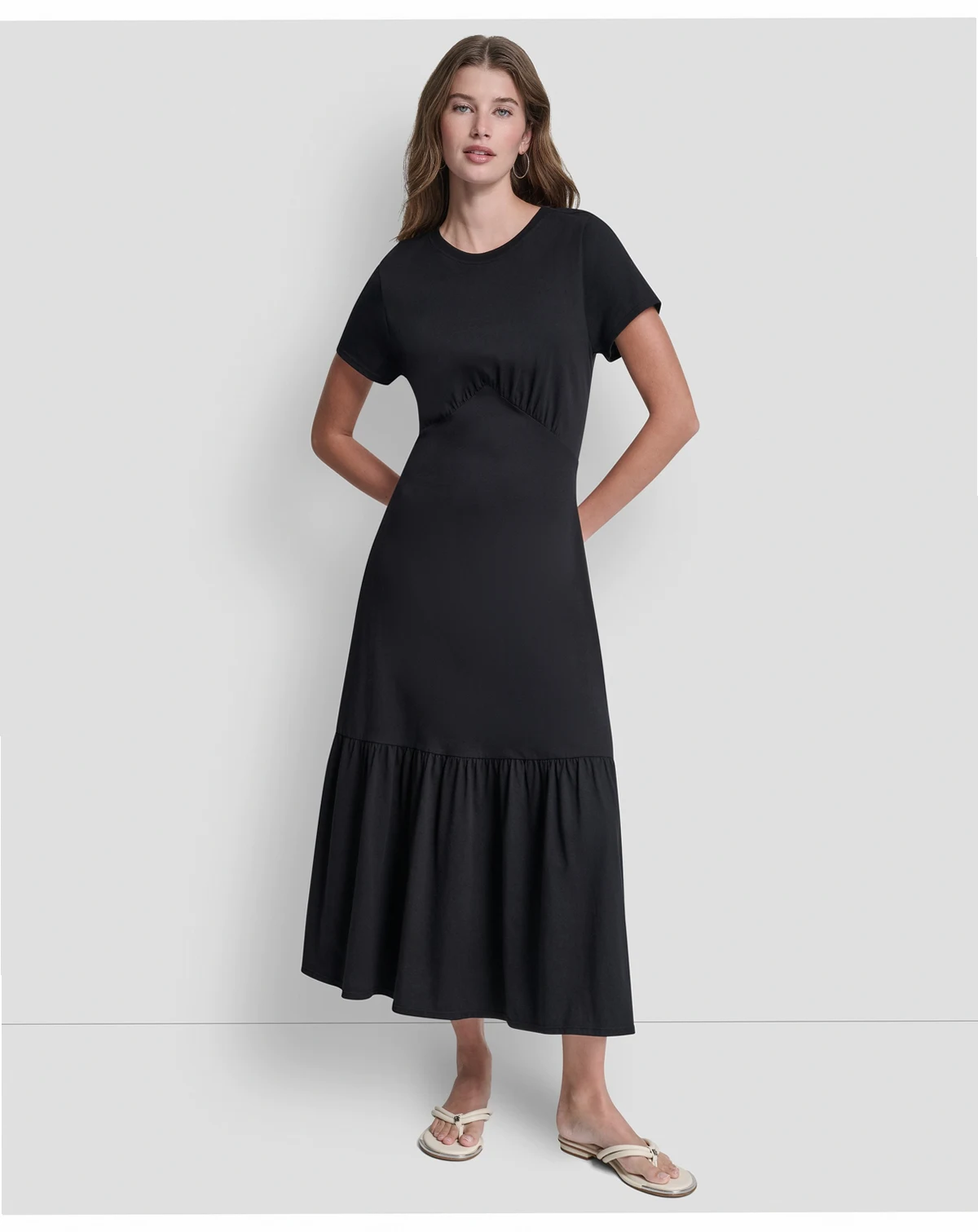 Women's Ruched Bodice Crew Neck Tier Long Dress