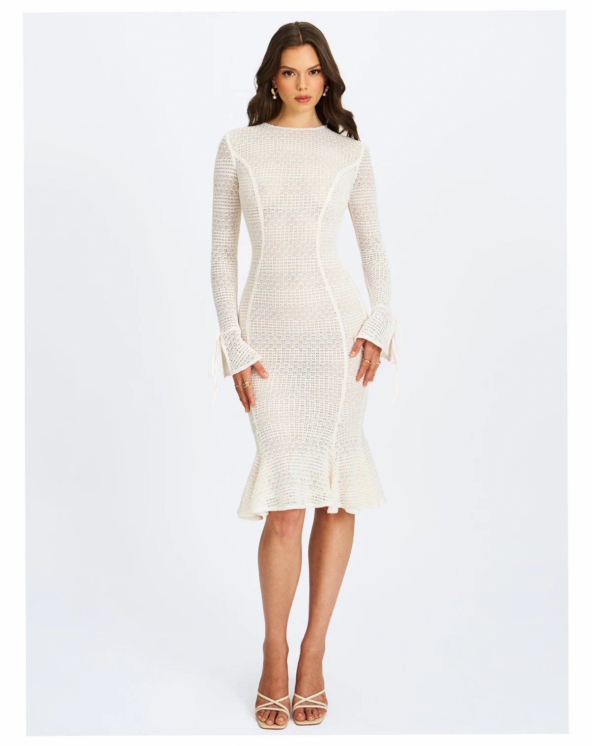 Women's Pamina Beige Crochet Long Sleeve Midi Flare Mermaid Dress