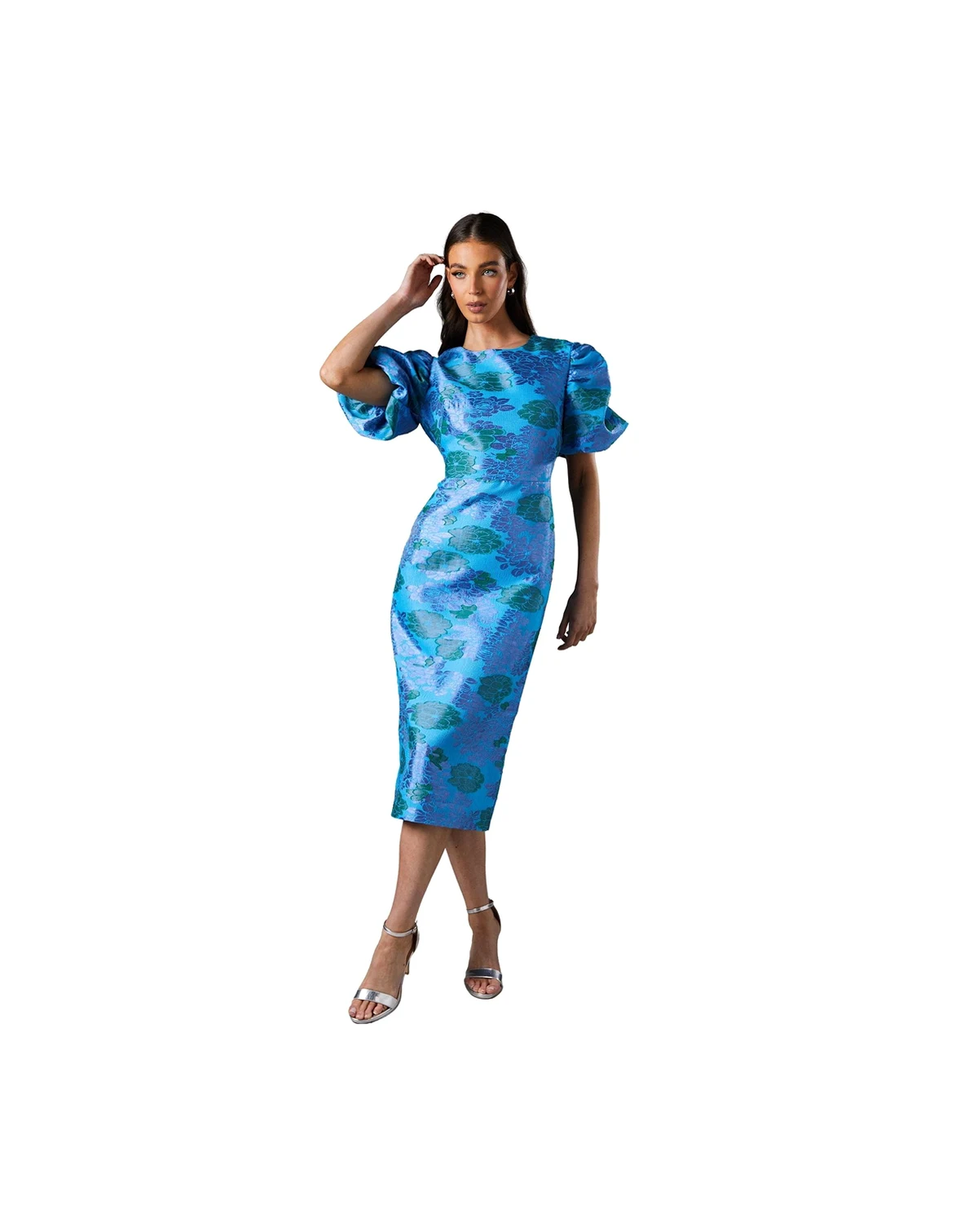 Women's Jacquard Floral Puff Sleeve Midi Dress
