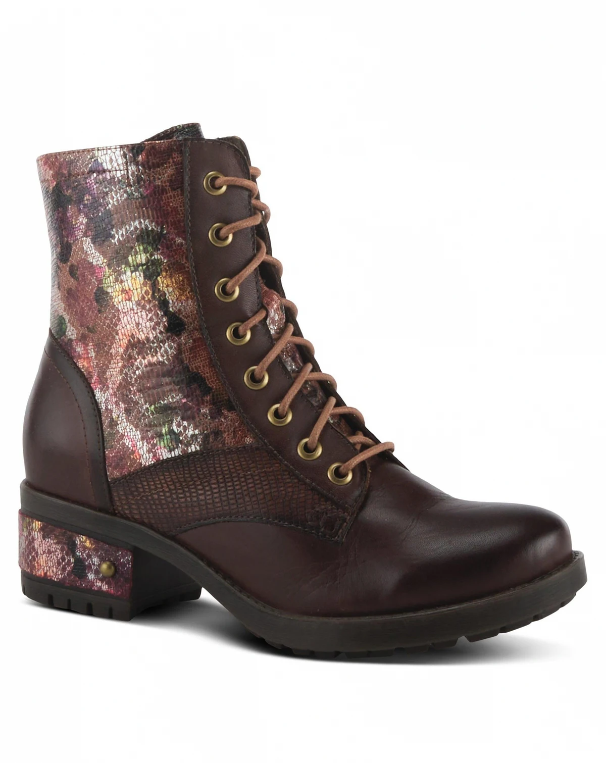 L Artiste Women s MARTY-MET Lace-Up Floral Metallic Boots with Faux Snakeskin Texture and Embossed Heel