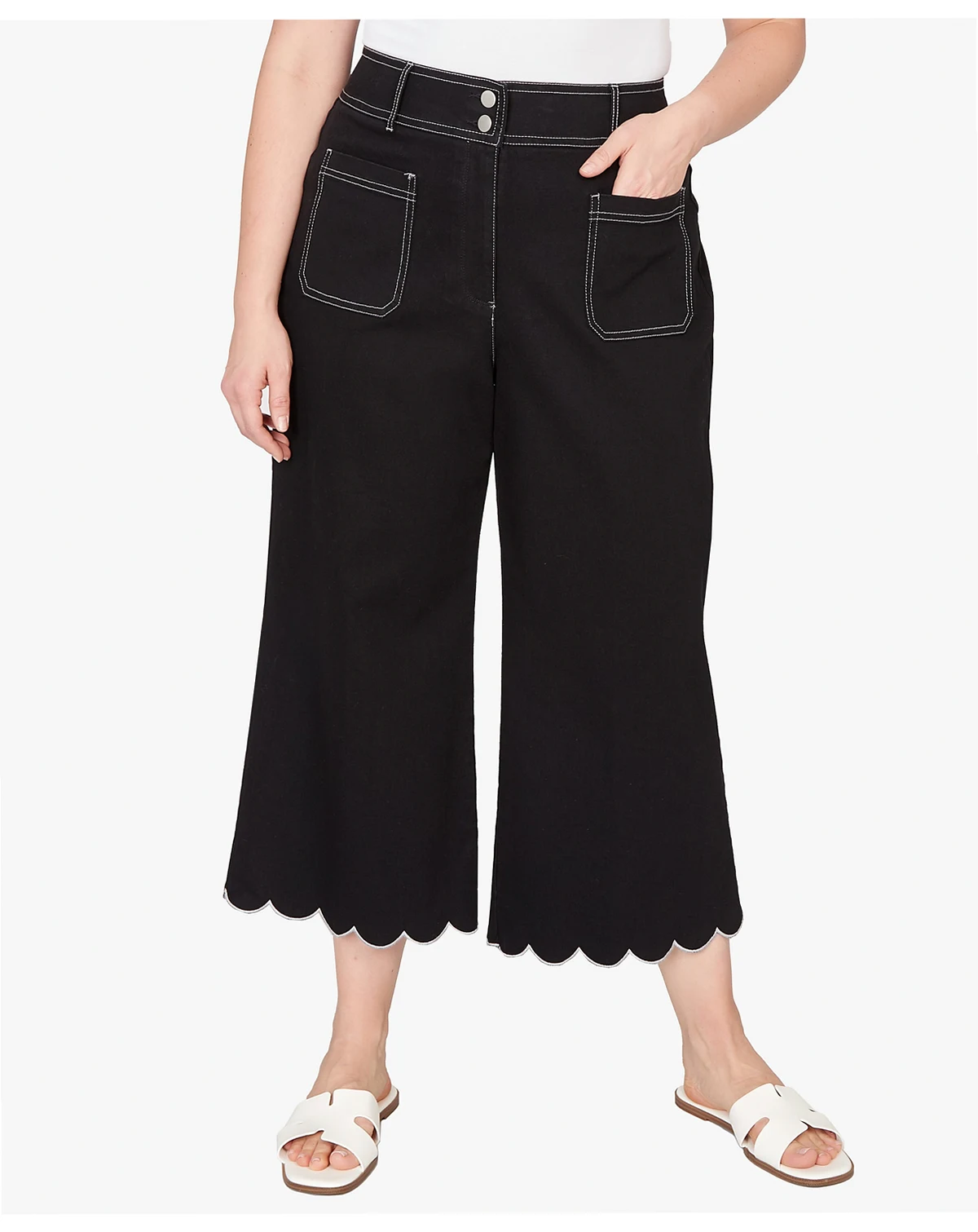 Plus Size Scallop Hem Contrast Stitch Ankle Jeans