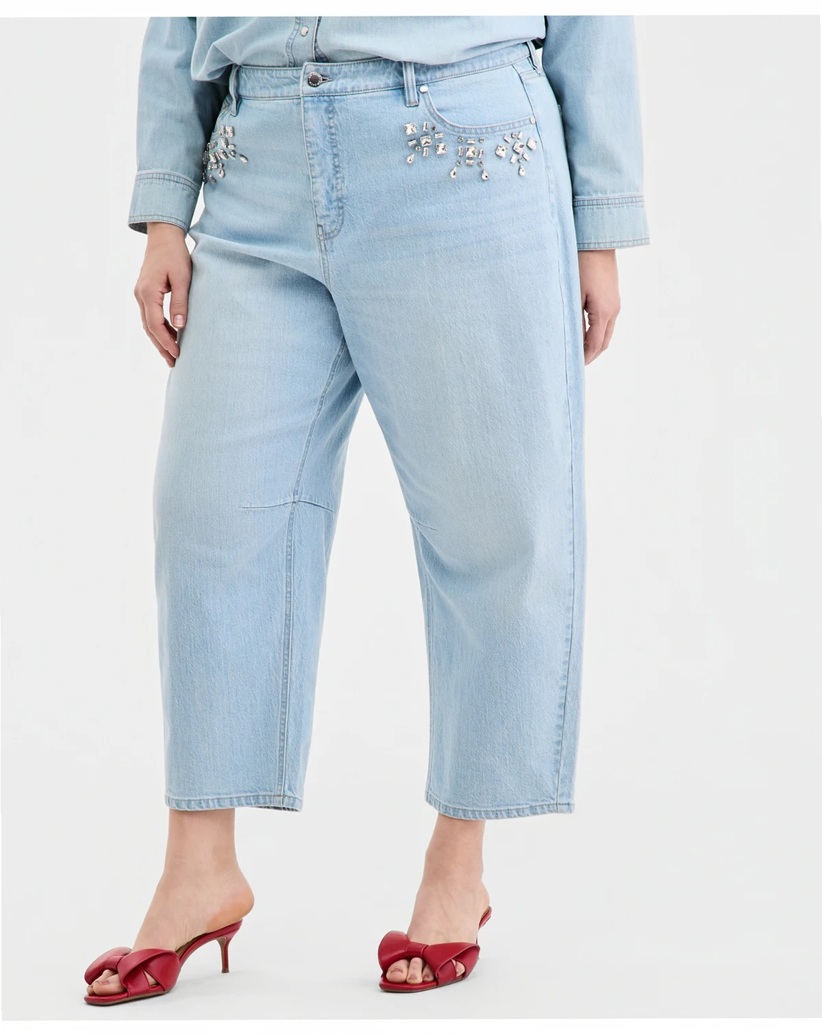 Trendy Plus Size Embellished Cropped Barrel-Leg Jeans, Macy's Exclusive