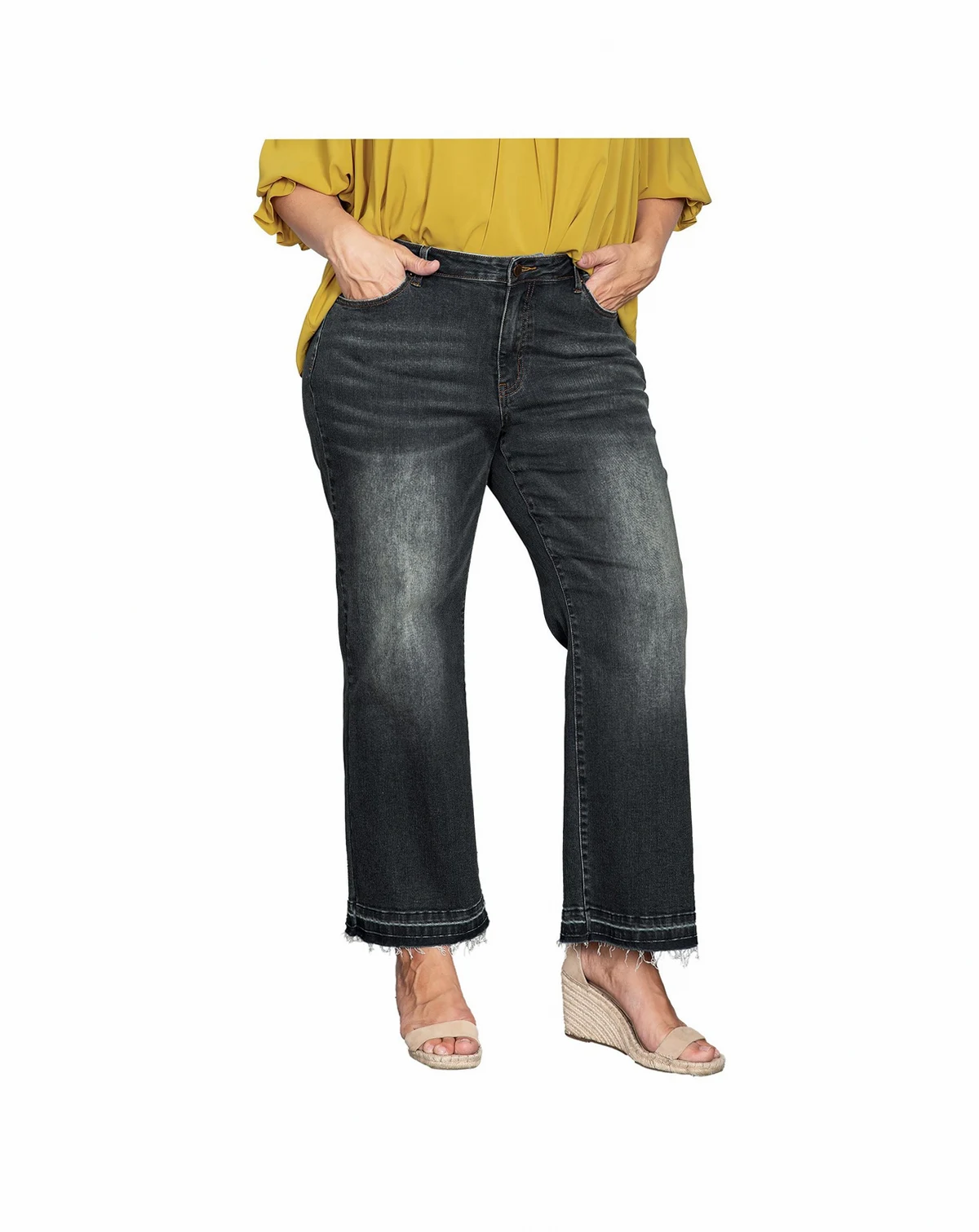 Plus Size Raw Hem Cropped Wide Leg Jeans