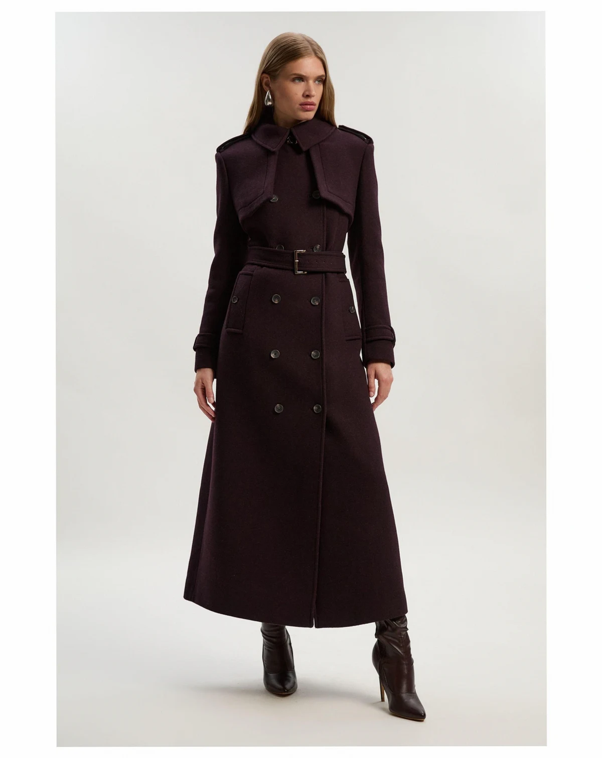 Women's Wool Mix Belted Trench Maxi Coat.