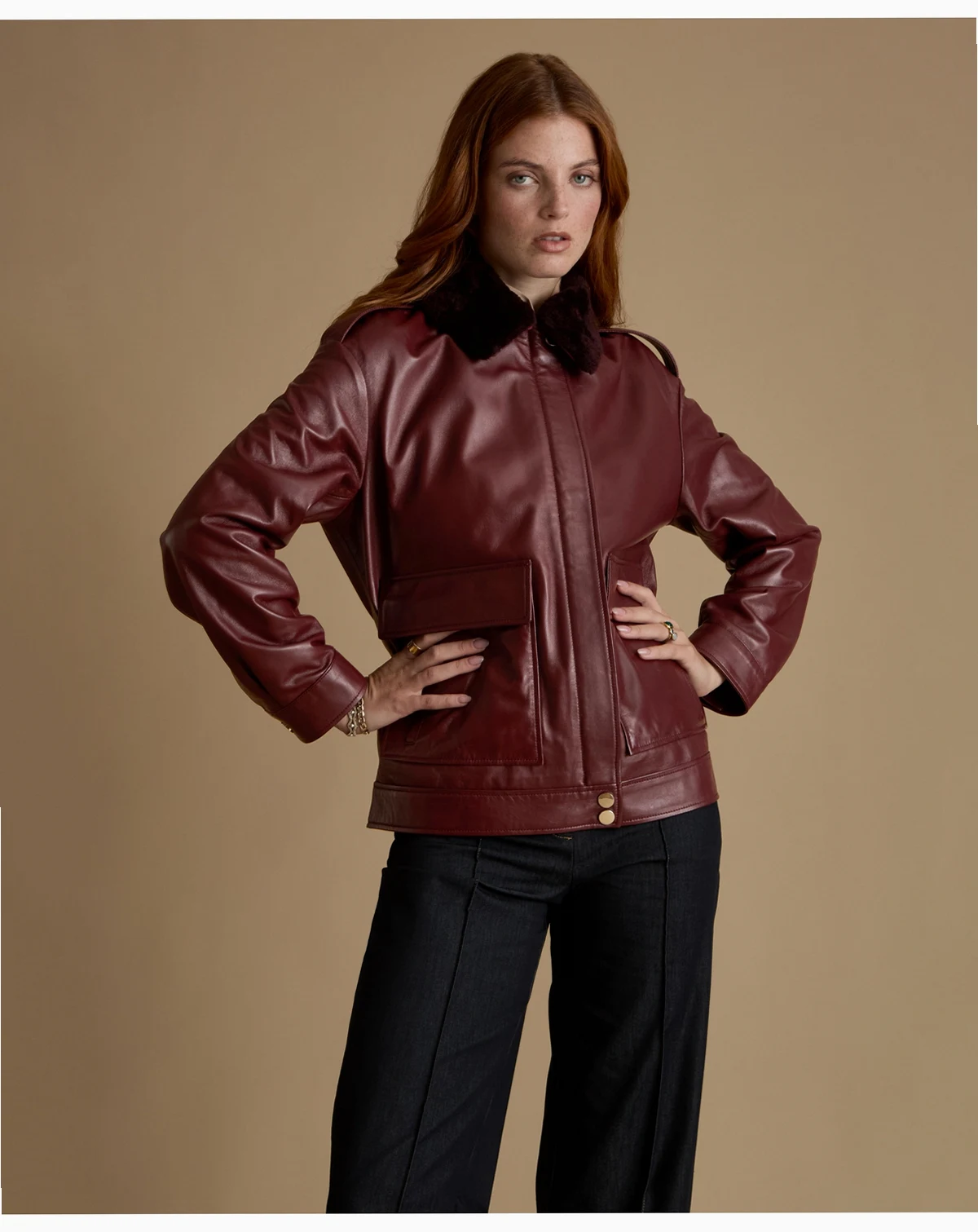 Women's Leather Jacket with Detachable Shearling Collar