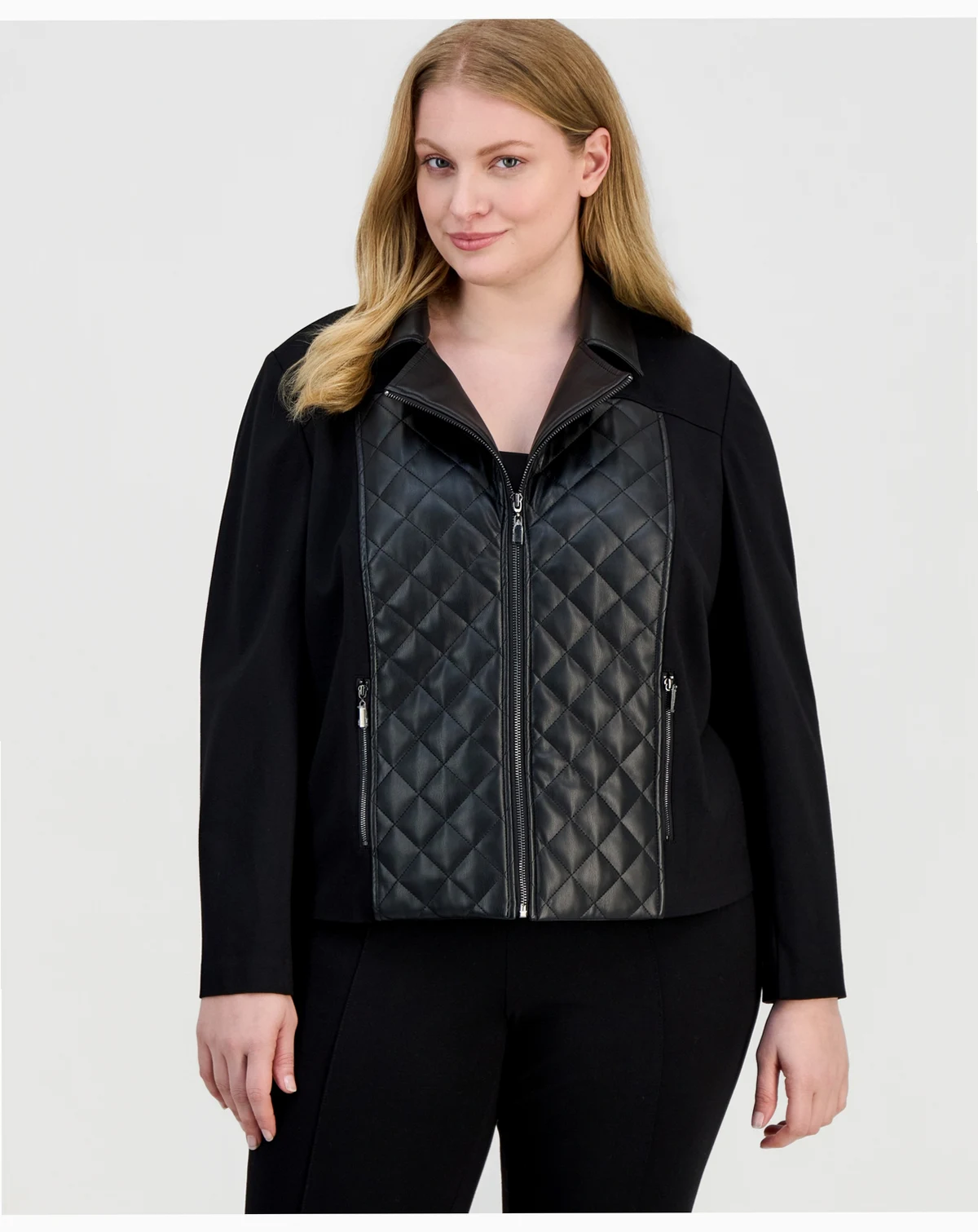 AK Anne Klein Plus Size Faux-Leather Mixed-Media Quilted-Front Moto Jacket