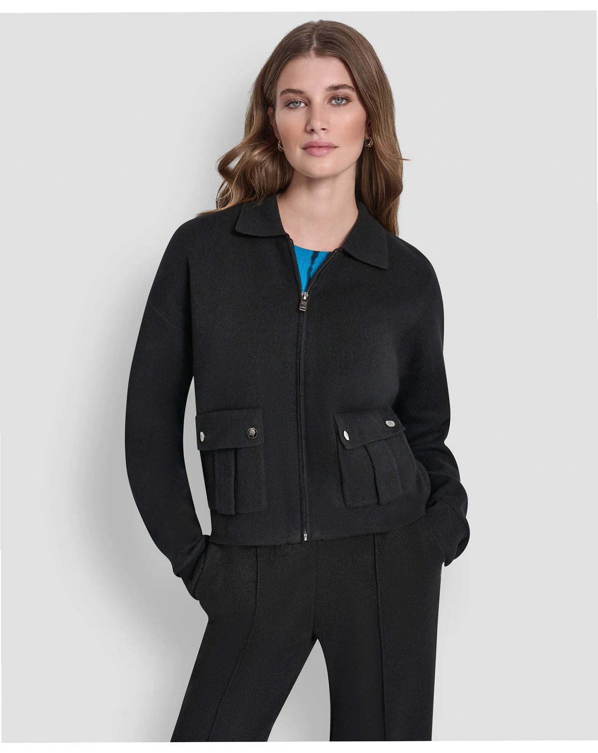 Women's Long-Sleeve Collared Zip-Front Sweater Jacket