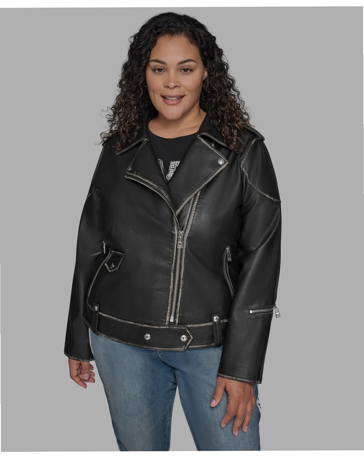 Plus Size Asymmetric Faux-Leather Belted Moto Coat