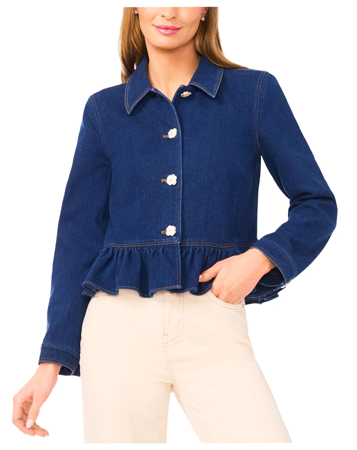 Women's Collared Neck Peplum Denim Jacket