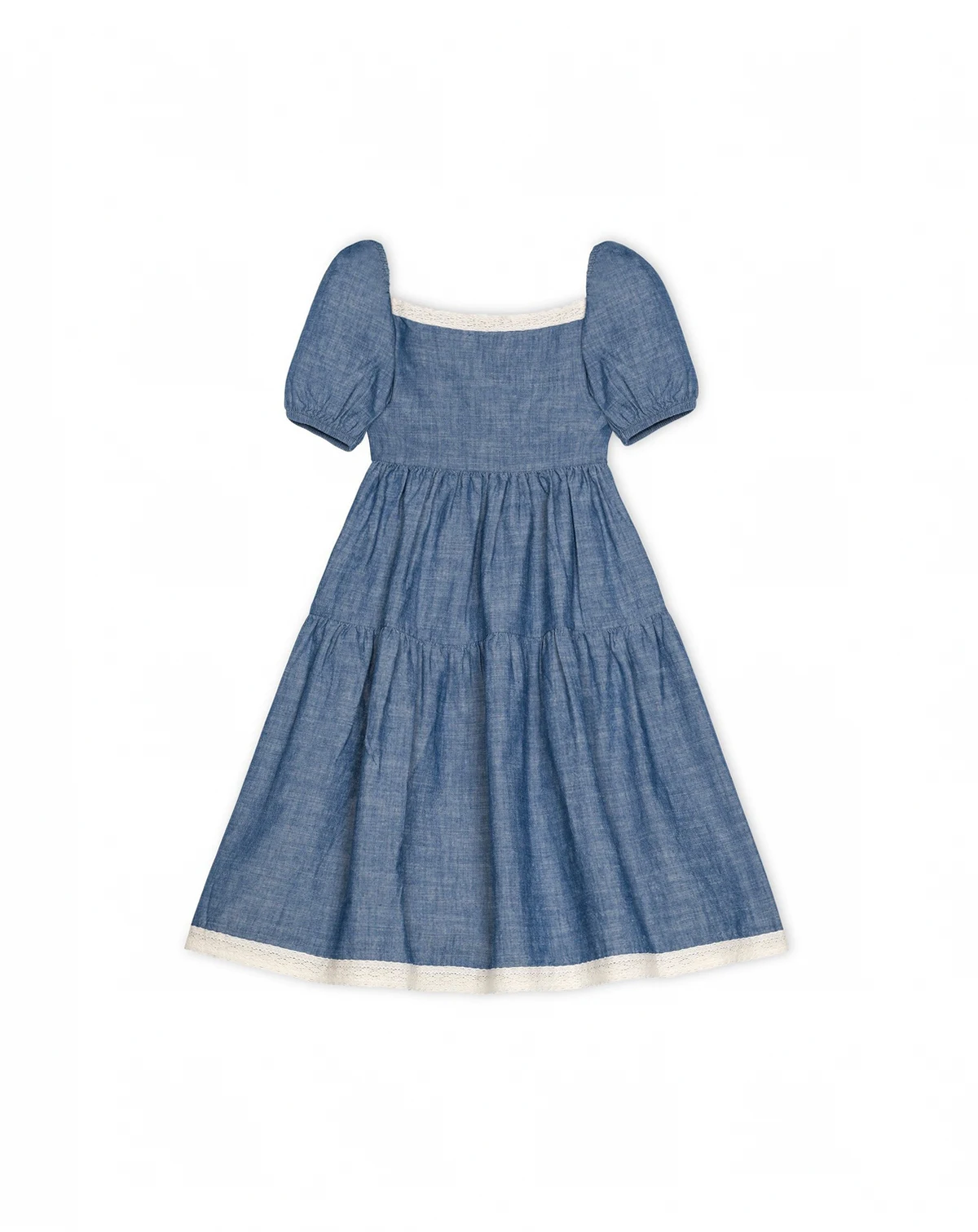 Girls' Short Bubble Sleeve Crochet Trim Chambray Dress, Toddler