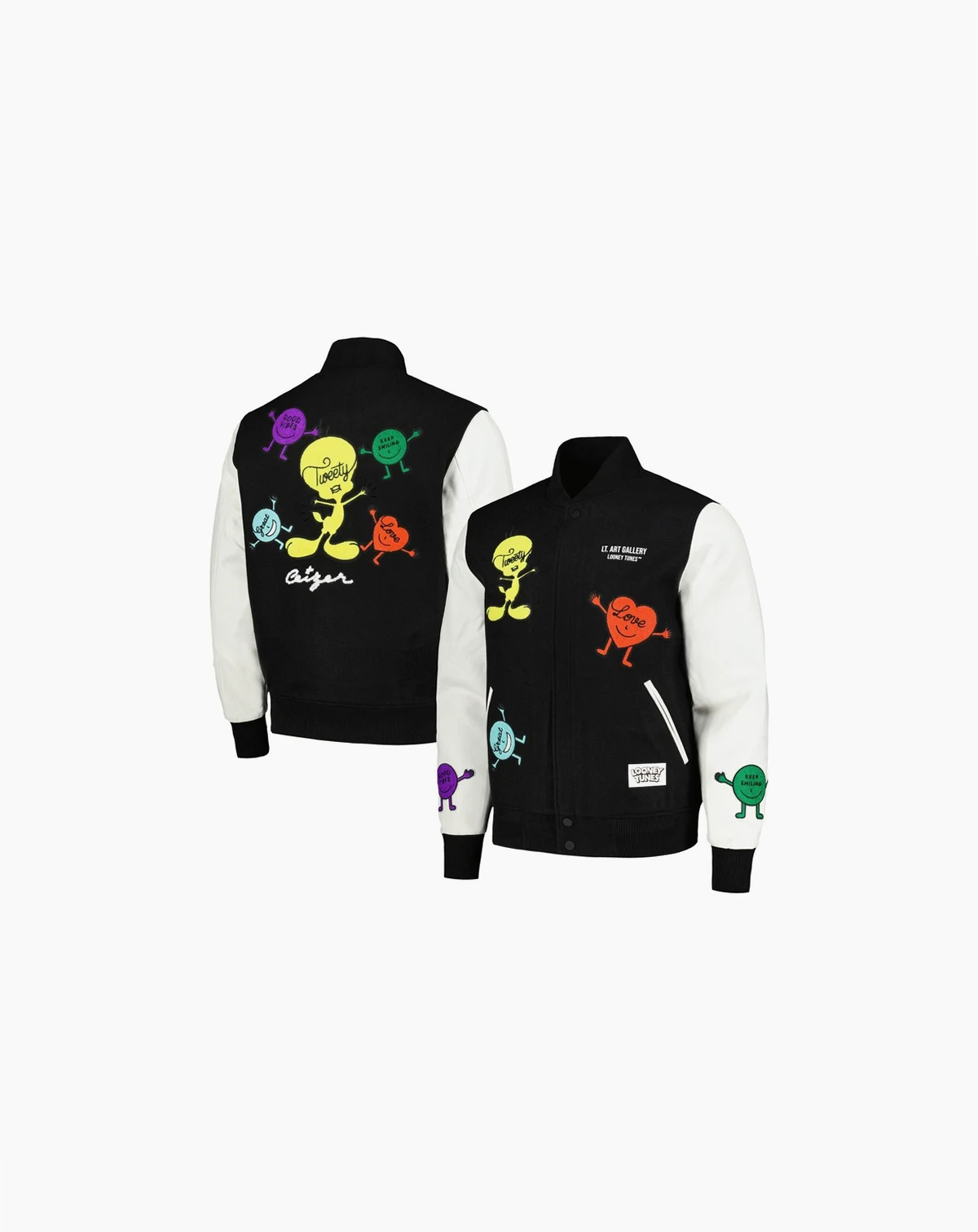 Men's Black, White Looney Tunes Positive Energy Tweety Bird Full-Zip Varsity Jacket