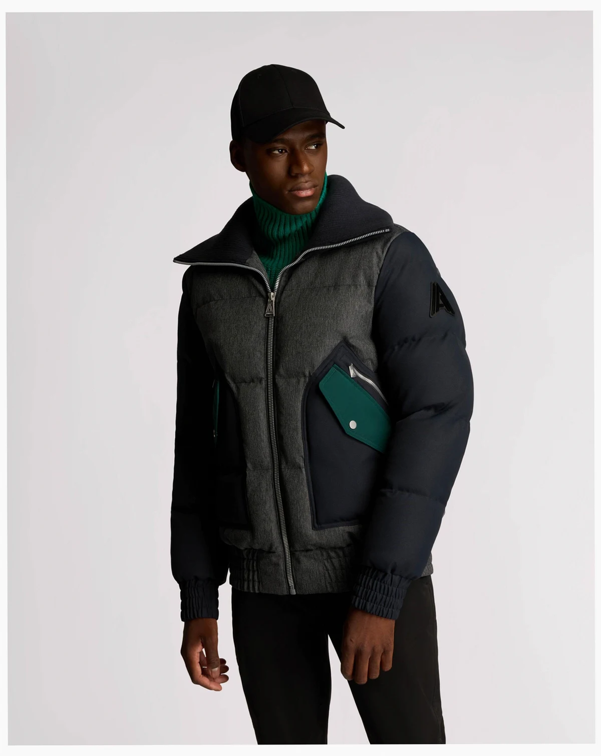 Men's Sebonack Quilted Denim-Look Bomber Jacket with Fold-Over Ribbed Collar