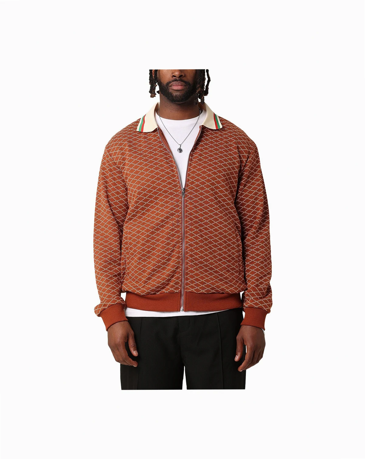 Men's Printed Bomber Jacket- Brown, S
