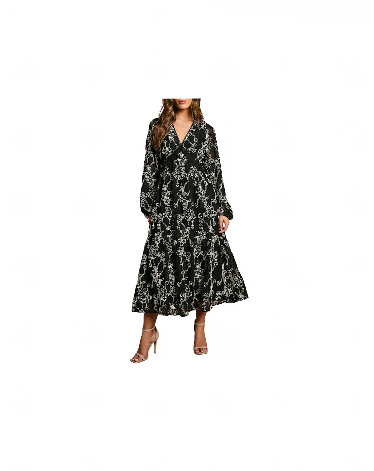 Women's Long Sleeve Broderie Floral Midaxi Dress