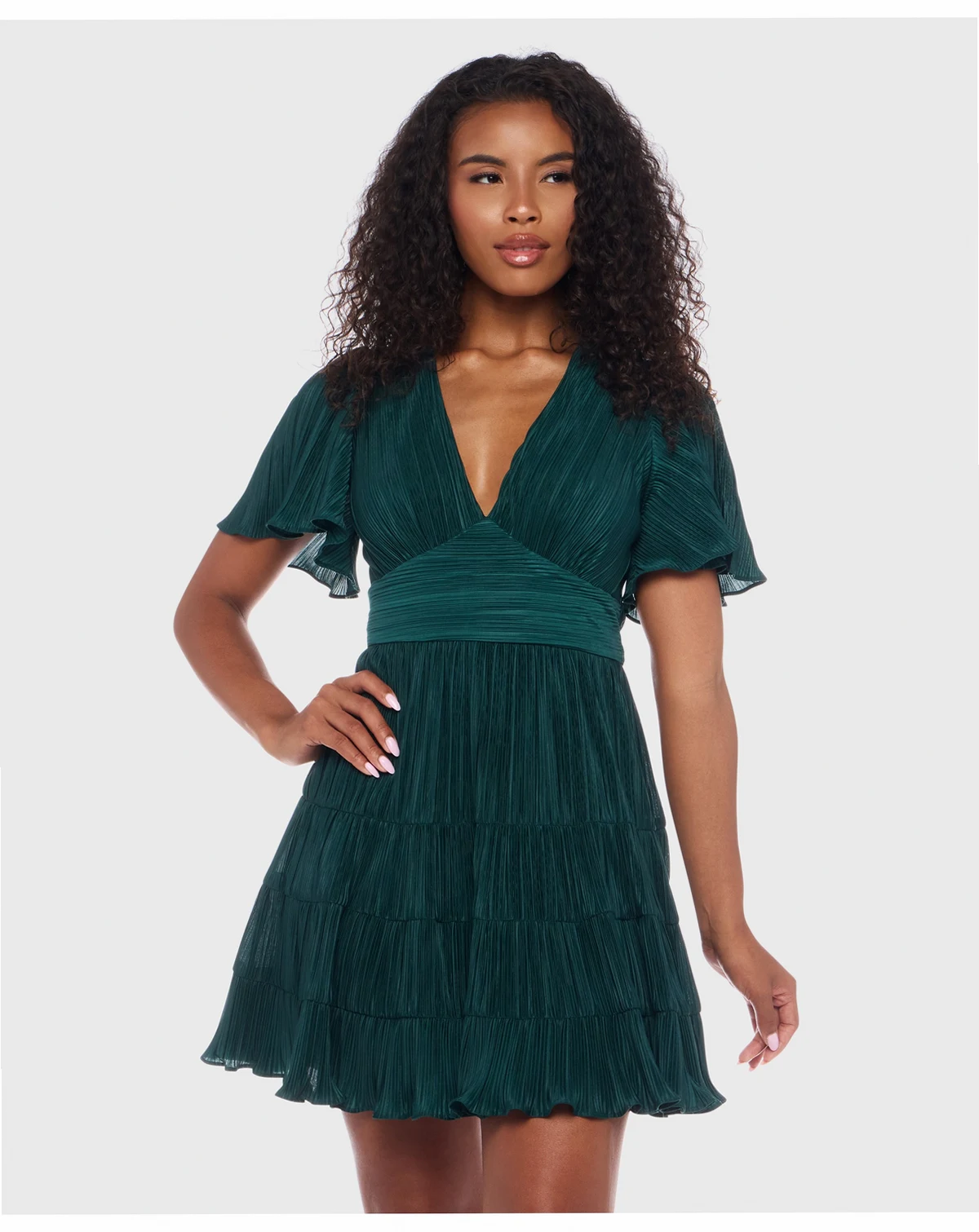 Juniors' Bodre Ruffle-Sleeve Tiered Mini Dress