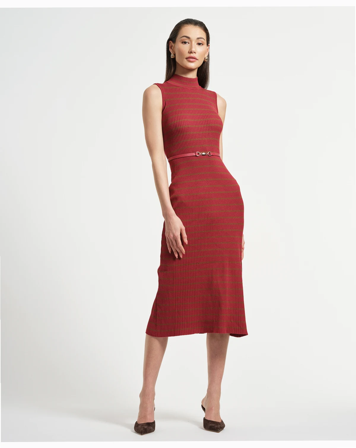 Women's Sleeveless Belted Midi Sweater Dress