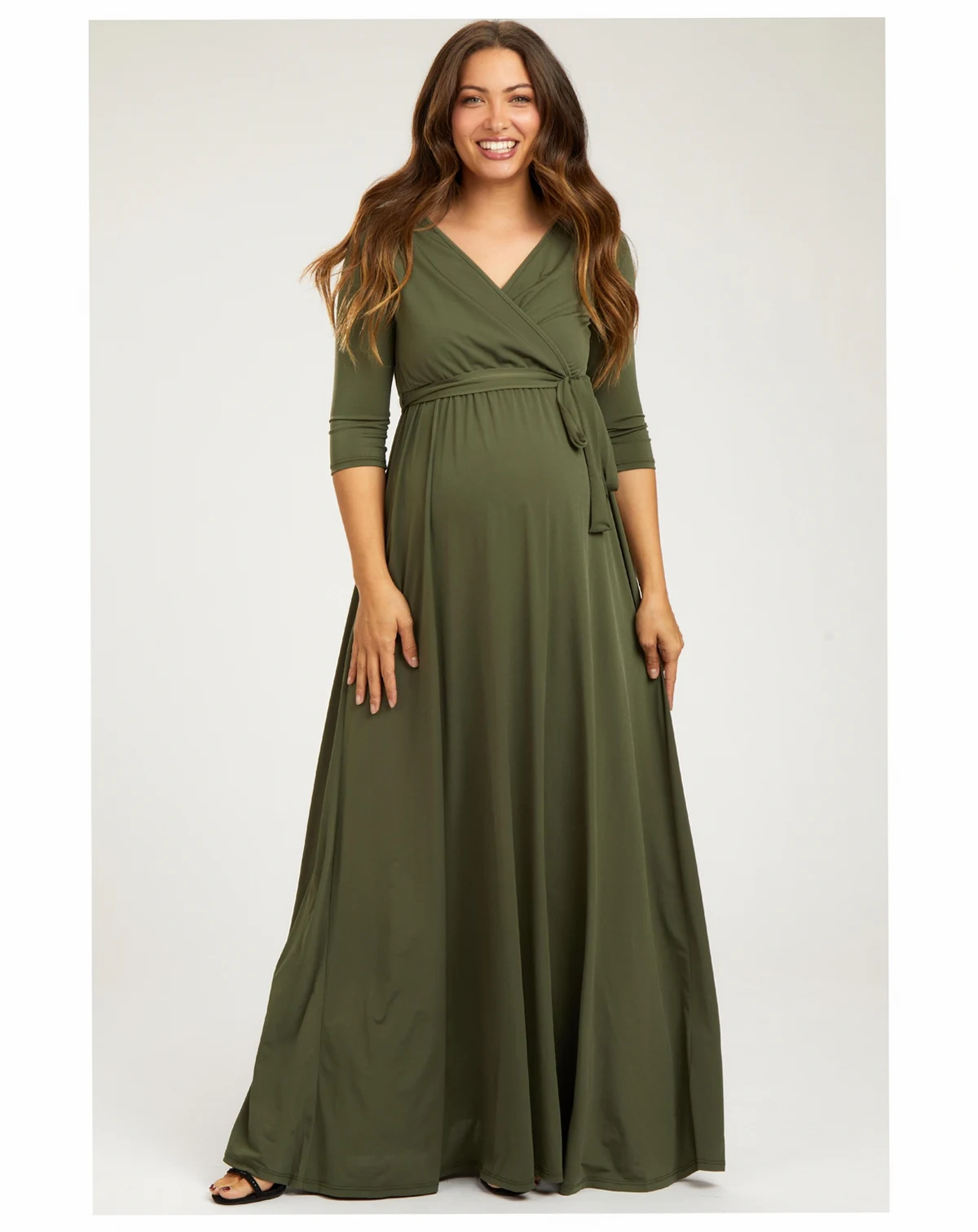 Burgundy Draped 3/4 Sleeve Maternity Maxi Dress