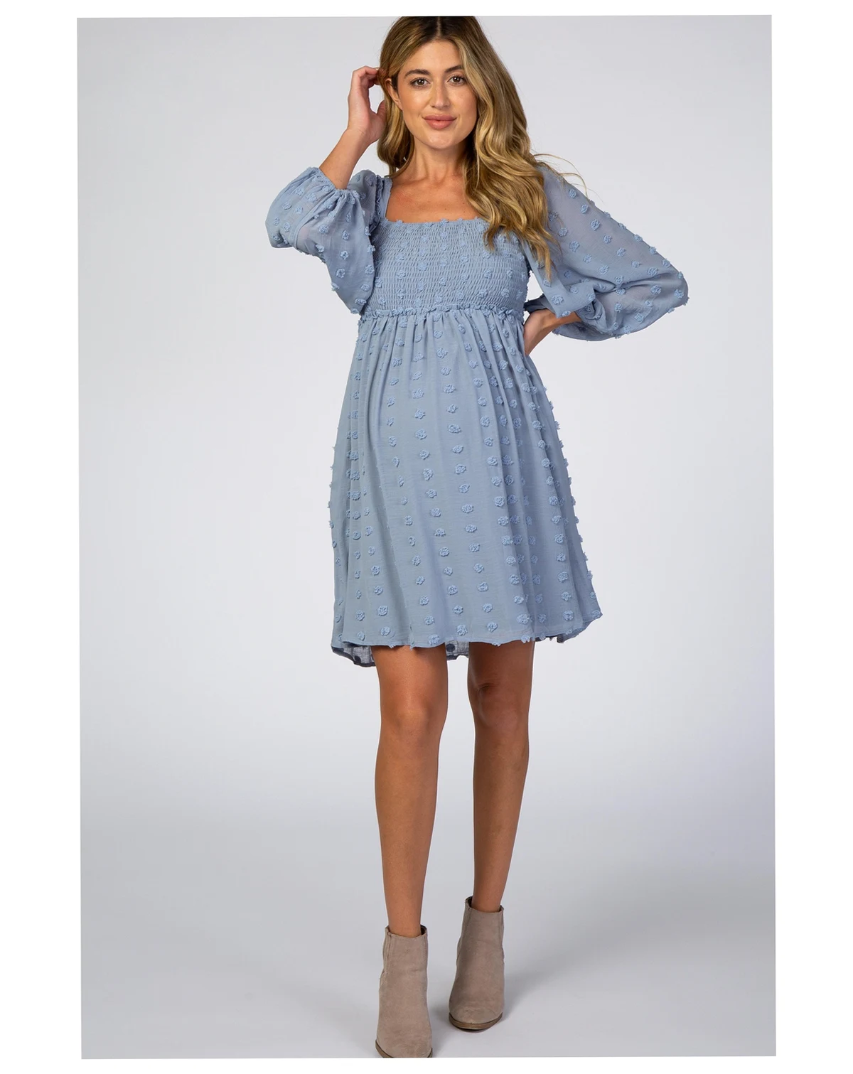 Maternity Pink Textured Dot Smocked Square Neck Chiffon Dress