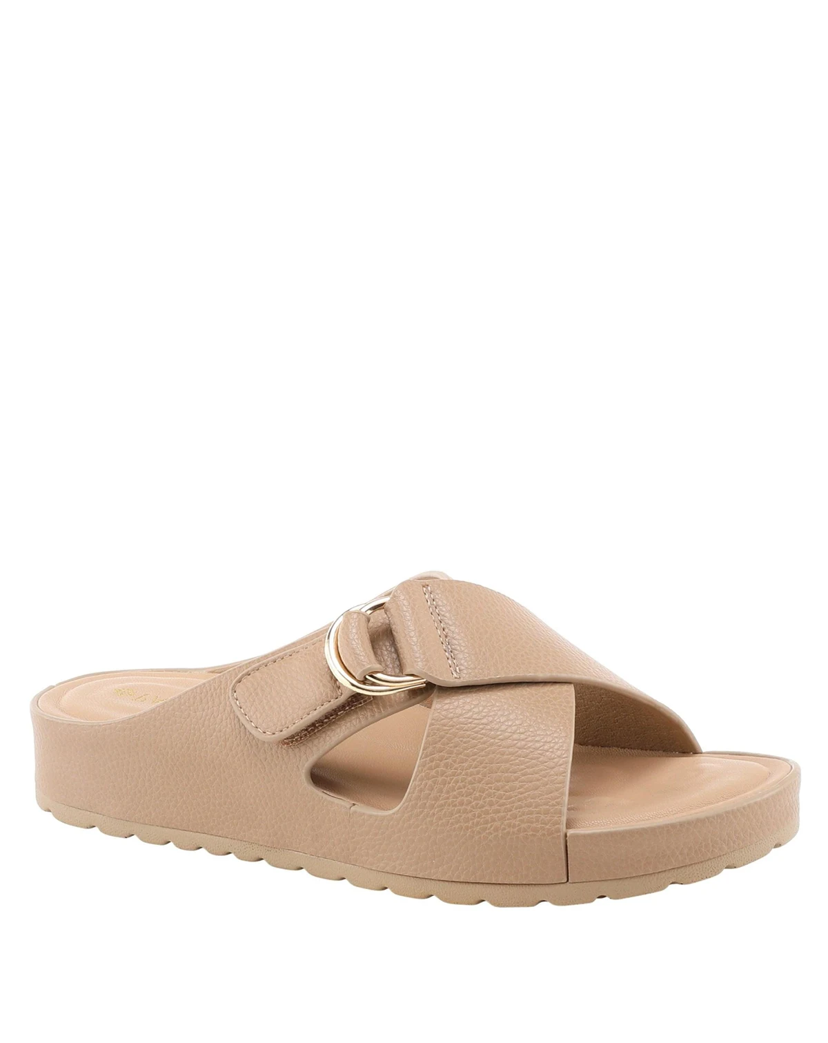 Women s RUTHA Criss-Cross Strap Slide Sandals with Gold Buckle and Padded Insole