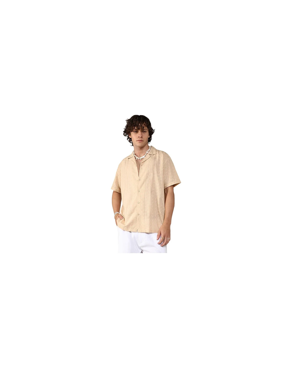 Men's Beige Embroidered Geometric Shirt