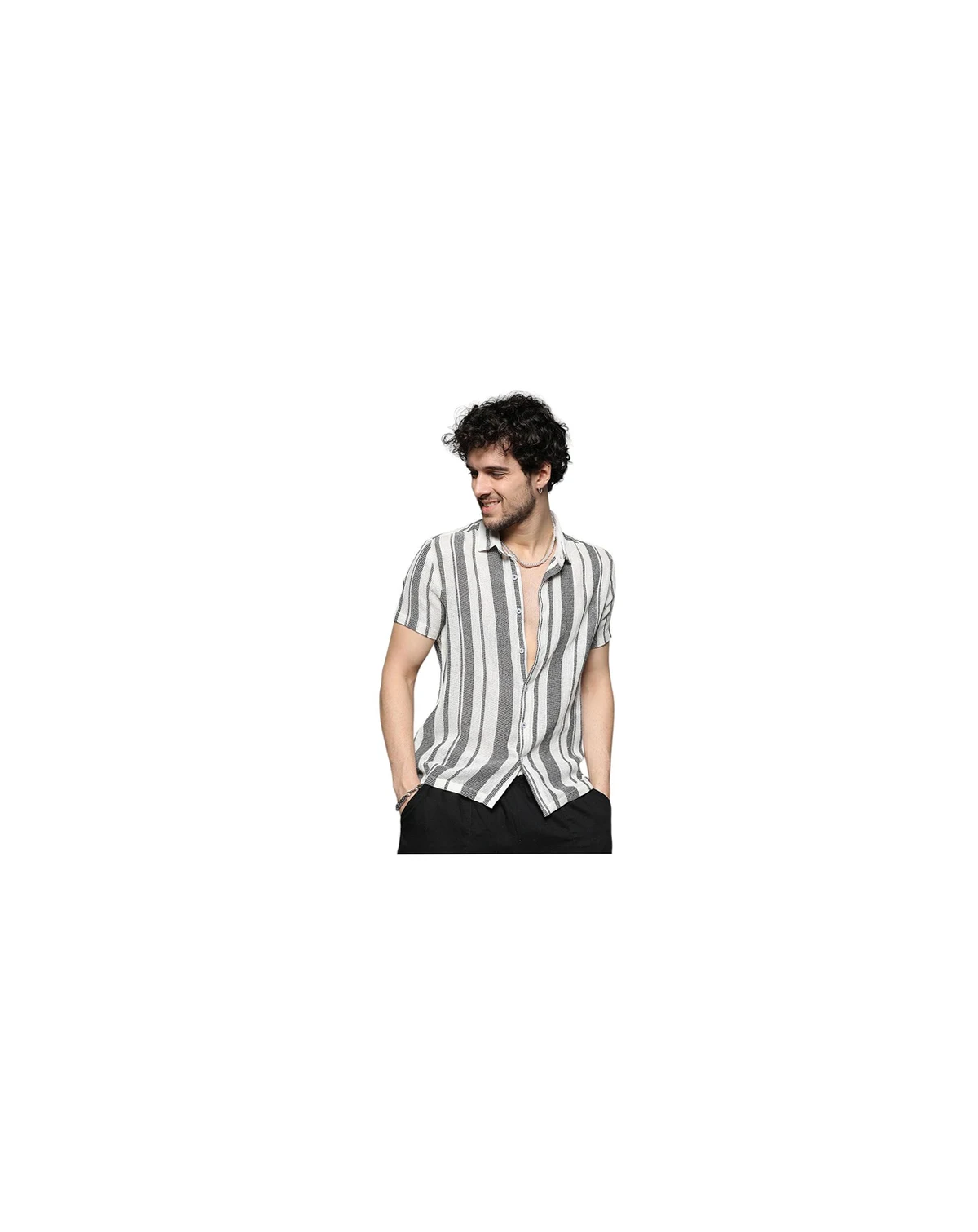 Men's White & Grey Unbalanced Striped Woven Shirt