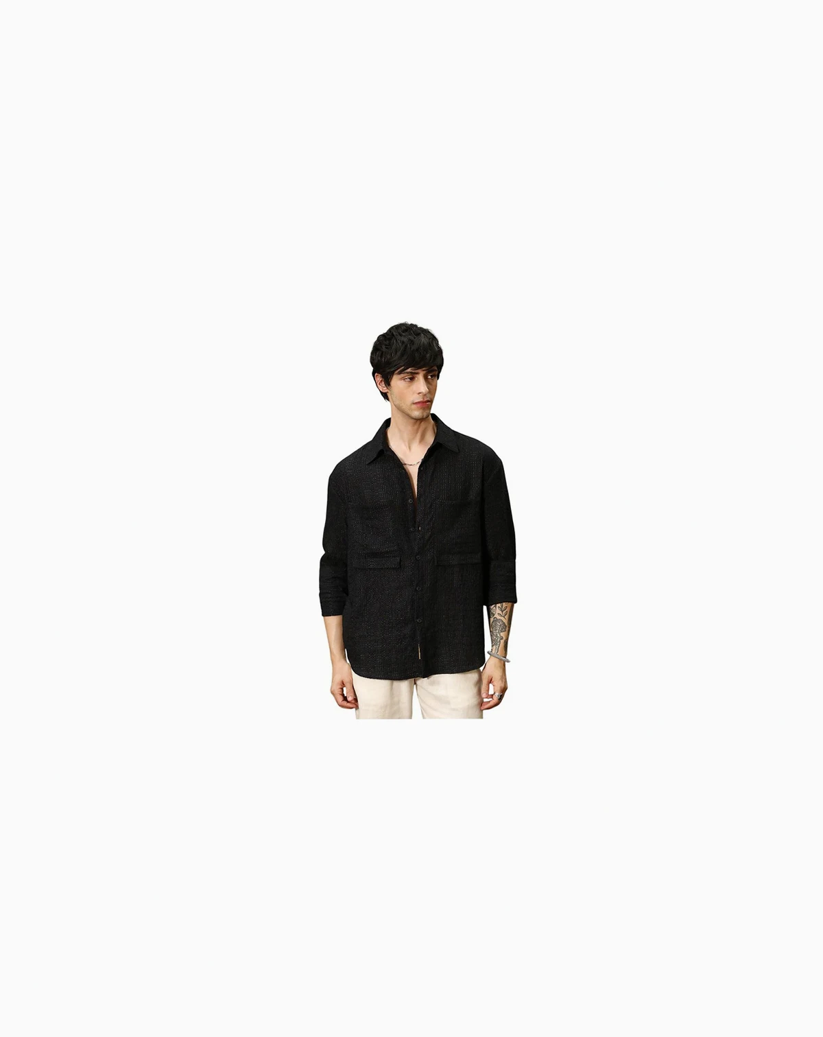 Men's Midnight Black Straw-Tactile Utility Oversized Shirt