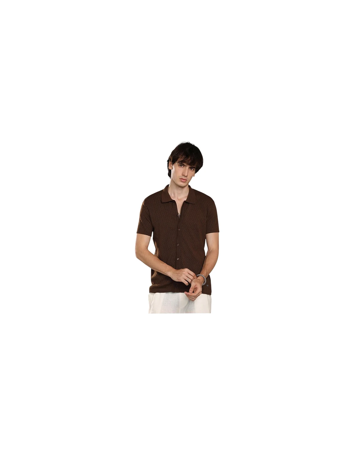Men's Taupe Brown Rhombus-Textured Knit Shirt