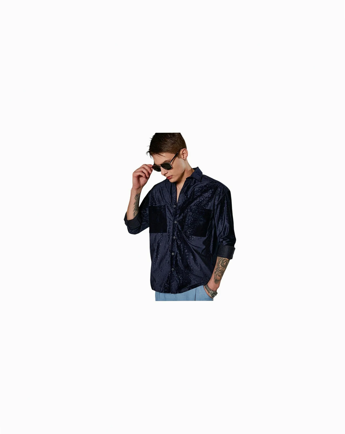 Men's Navy Blue Cheetah Velvet Oversized Shirt