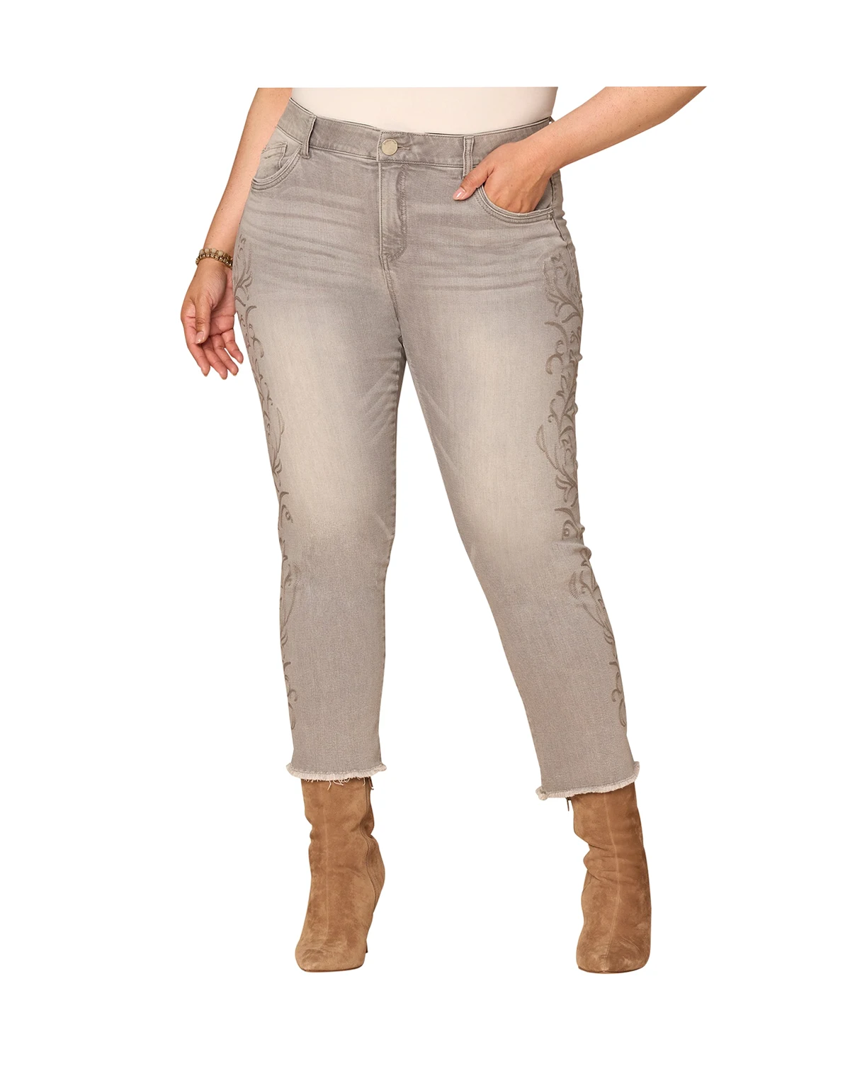 Plus Size Western Embroidery High-Rise Slim Straight Jeans