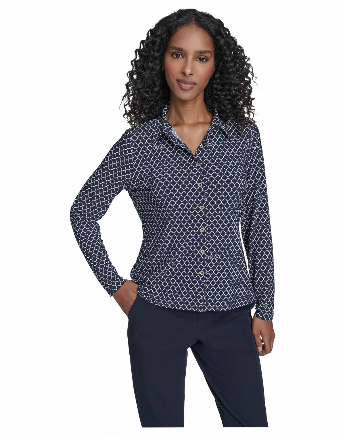 Women's Long Sleeve Clover Button-Up Top