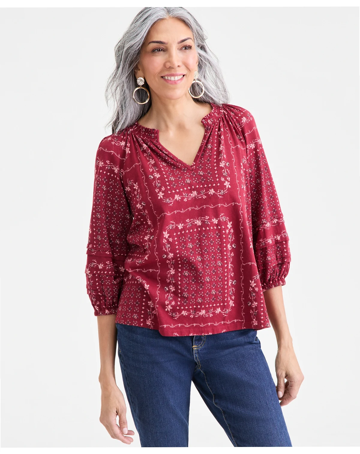 Women's Printed Split-Neck Smocked Knit Top, Macy's Exclusive