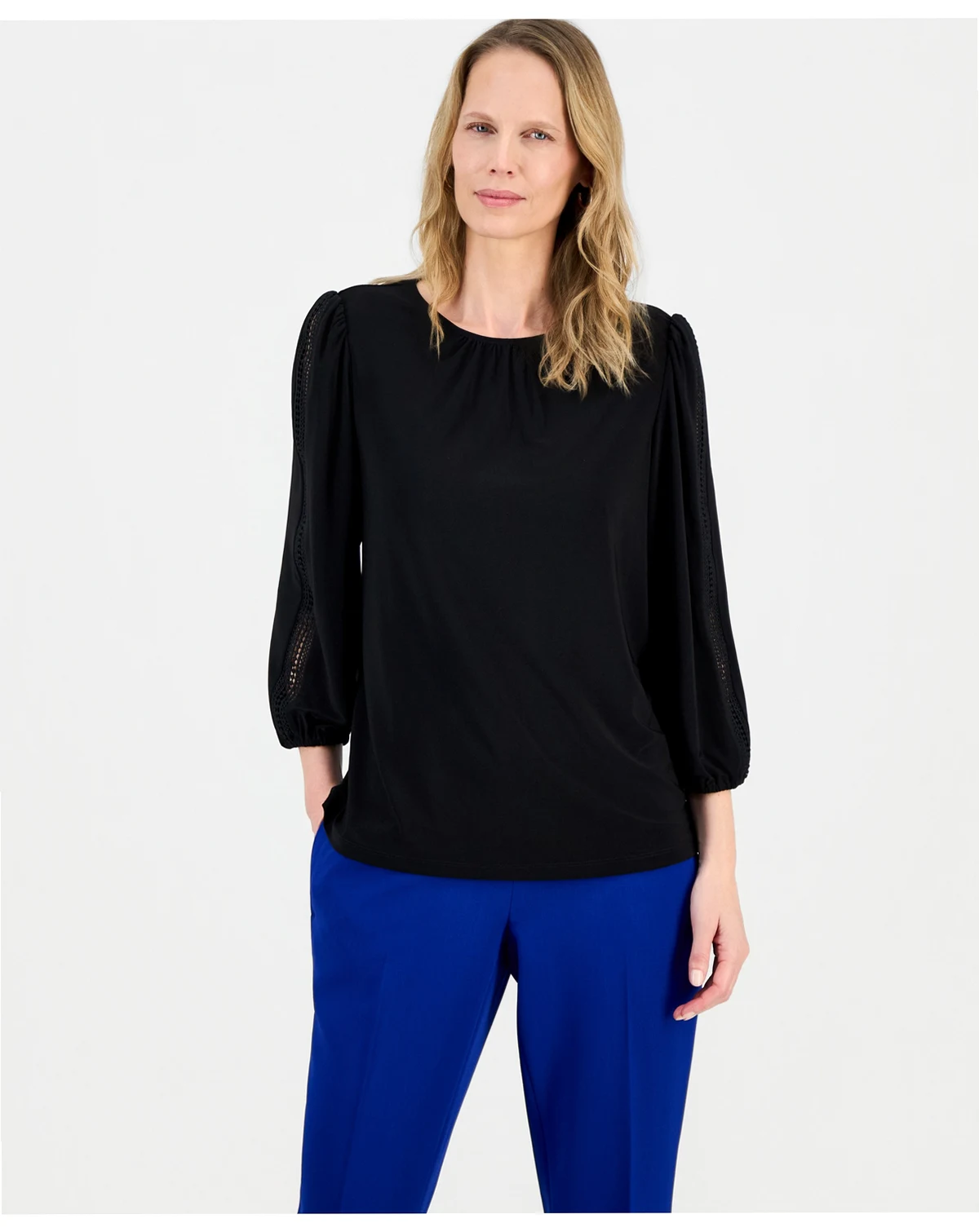 Women's Crew Neck 3/4-Lace-Trim-Sleeve Top, Regular & Petite