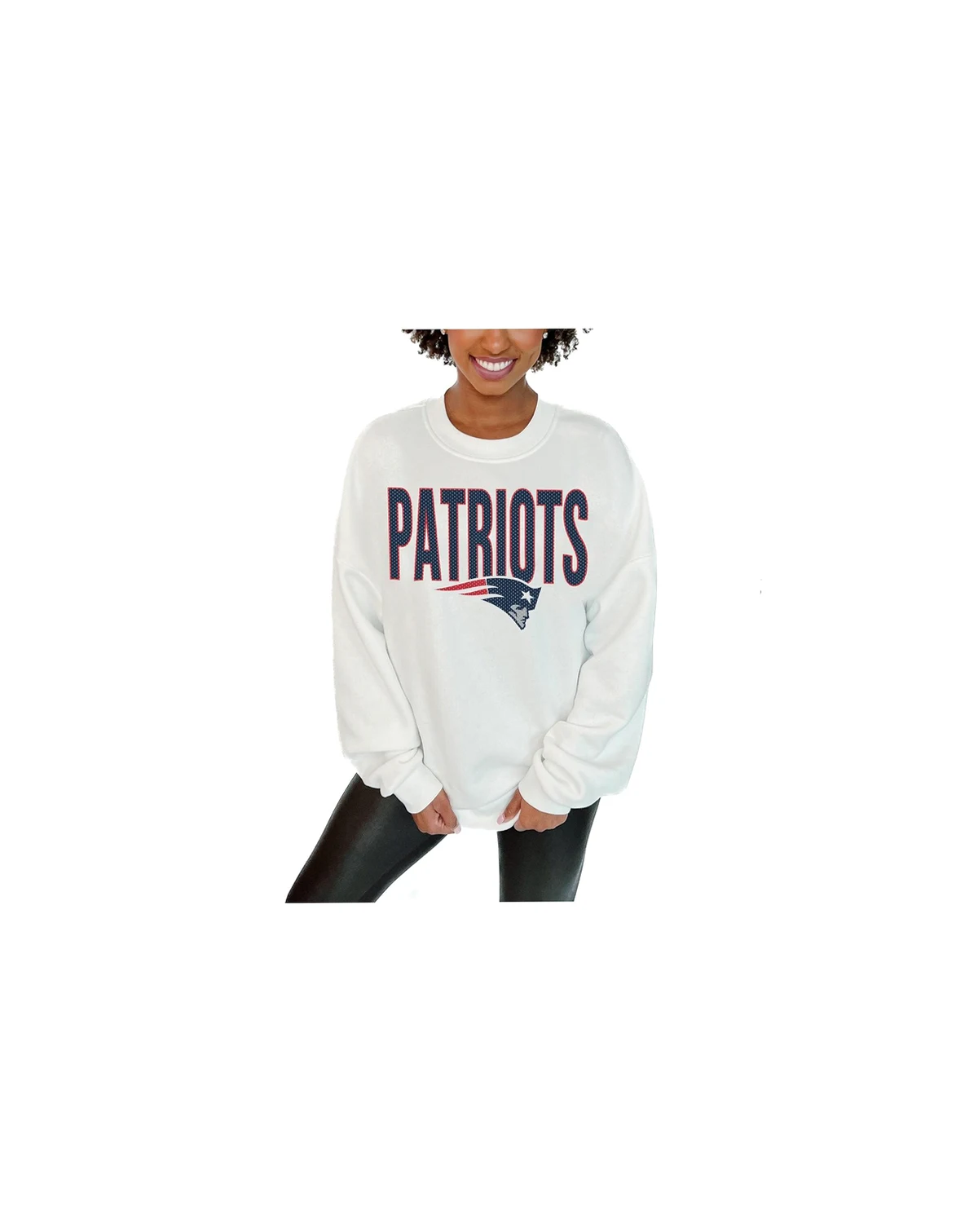 Women's White New England Patriots Just Go With It Oversized Long Sleeve Crewneck Sweatshirt